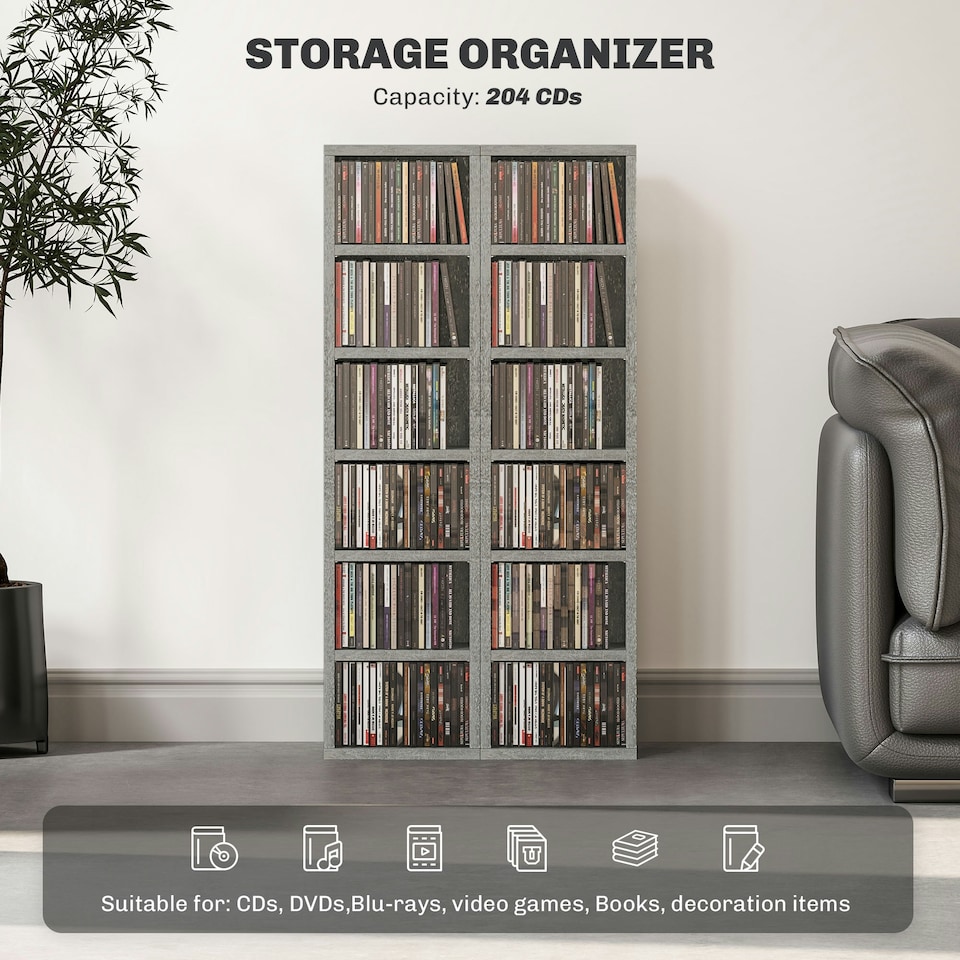 image 1 of HOMCOM Set of 2 CD Storage Units with Adjustable Shelves Cement Grey