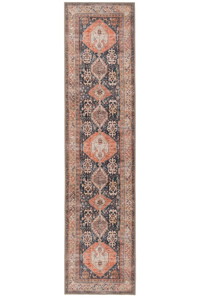 image 1 of KUKOON Terracotta Blue Distressed Persian Style Non Slip Washable Low Pile Runner Rug 80cm x 300cm | Orange