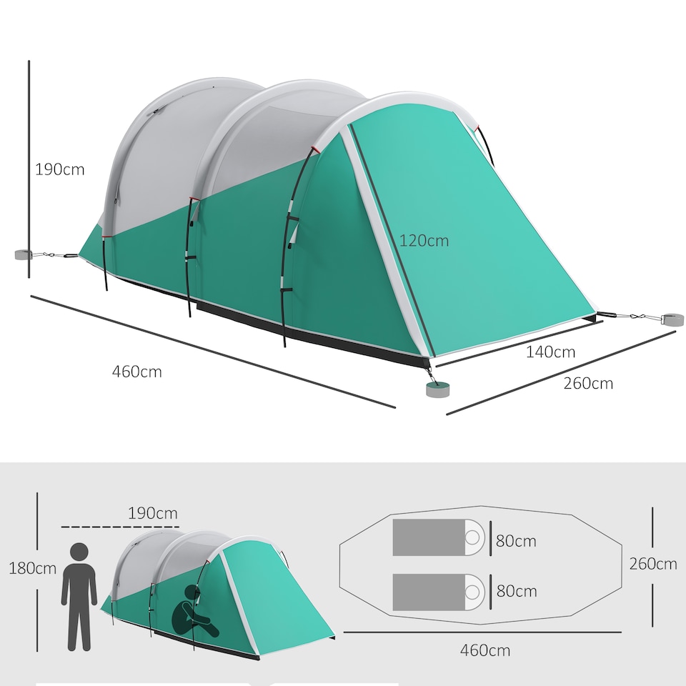 image 1 of Outsunny 3000mm Waterproof Camping Tent with 2 Rooms for 3 Man, Green