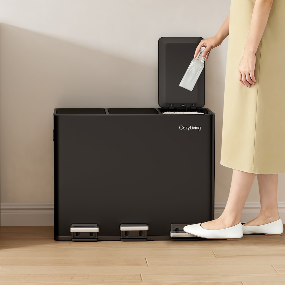 image 1 of CozyLiving 45L Triple Pedal Bin for Recycling and General Waste Rubbish Kitchen Bin 3x 15L