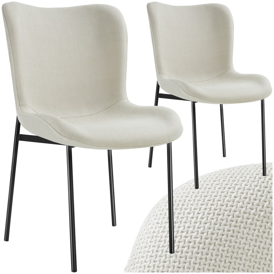 image 1 of Dining Chair Tessa - ergonomic high backrest, slim steel legs, soft fabric - Set of 2 White | Woven Fabric Off-White/Black