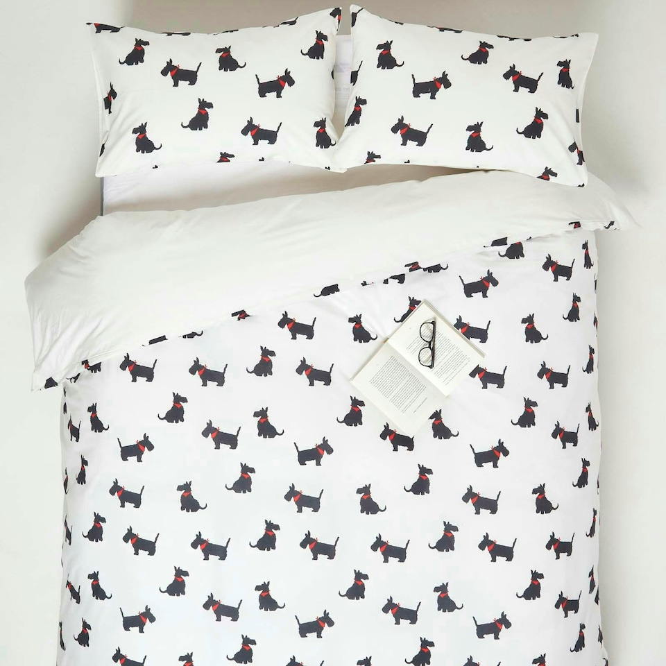 image 1 of Homescapes Scottie Dog Digitally Printed Cotton Duvet Cover Set - Super King | White | Super King