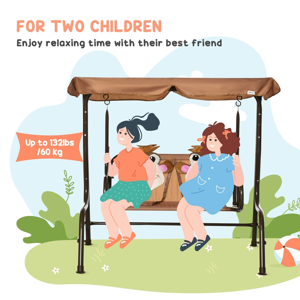 image 1 of Outsunny 2 Seat Kids Canopy Swing Chair w/ Adjustable Awning, Seatbelt - Brown