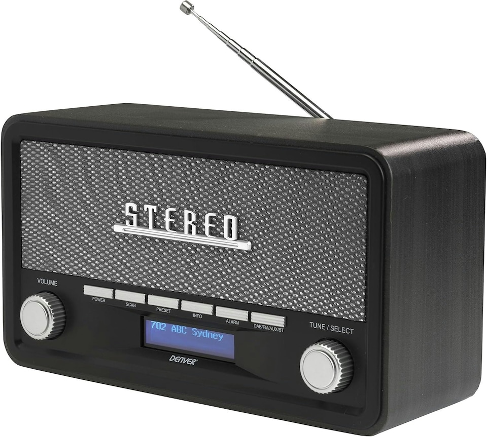 image 1 of Vintage Style Stereo DAB/DAB+ & FM Radio – Grey Wood Cabinet, Bluetooth, Clock Radio Alarm, AUX IN for Smart Phone/Tablet / MP3 Player – Mains or Battery