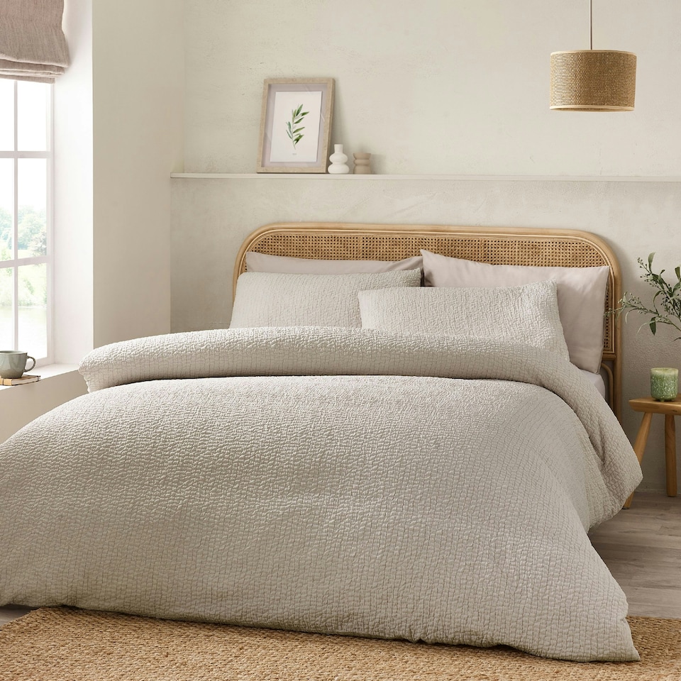 image 1 of Catherine Lansfield Crinkle Seersucker Duvet Cover Set Natural Cream | Natural | Double