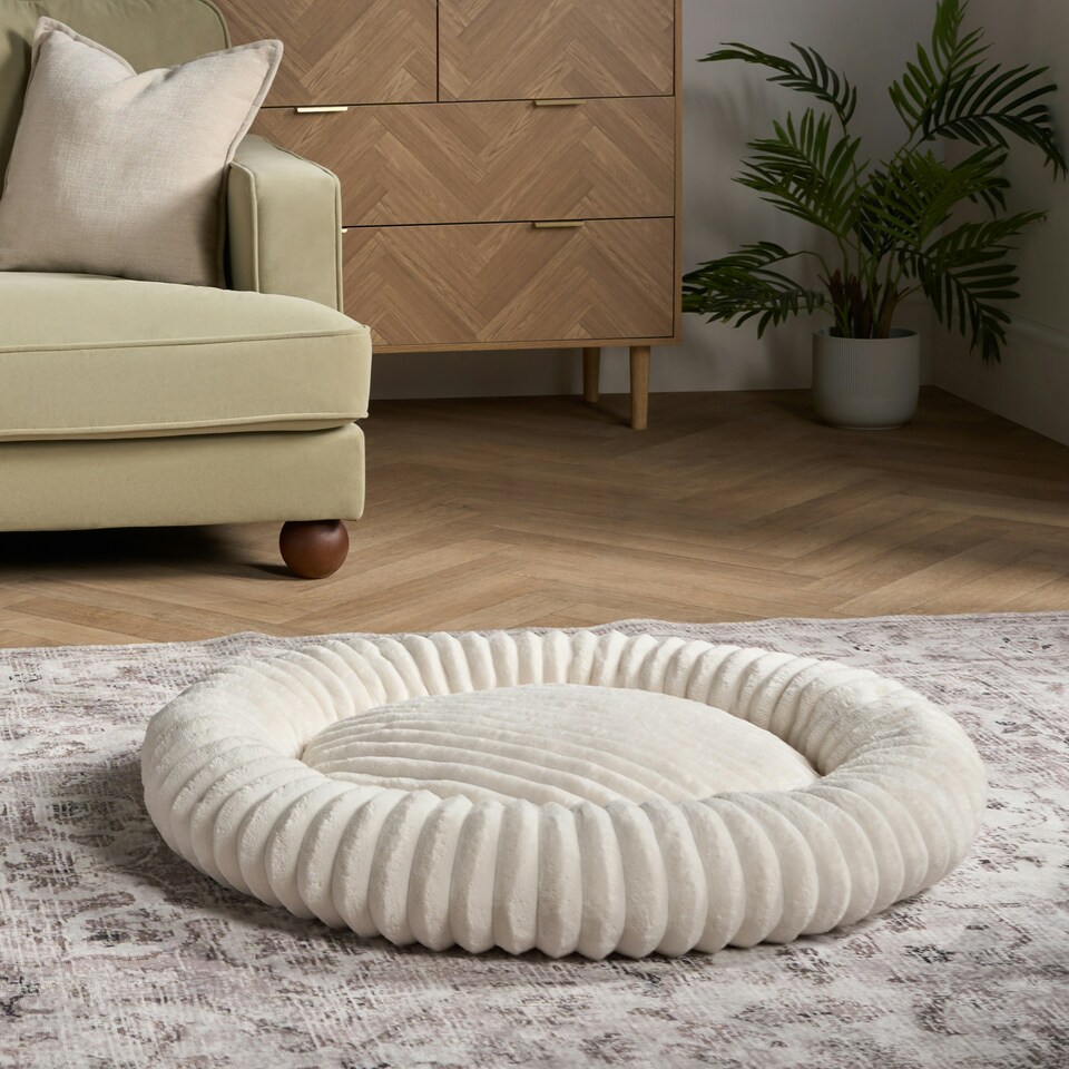 image 1 of OHS Ribbed Round Plush Plump Soft Warm Cosy Pet Dog Cat Cushioned Donut Bed Cream | L