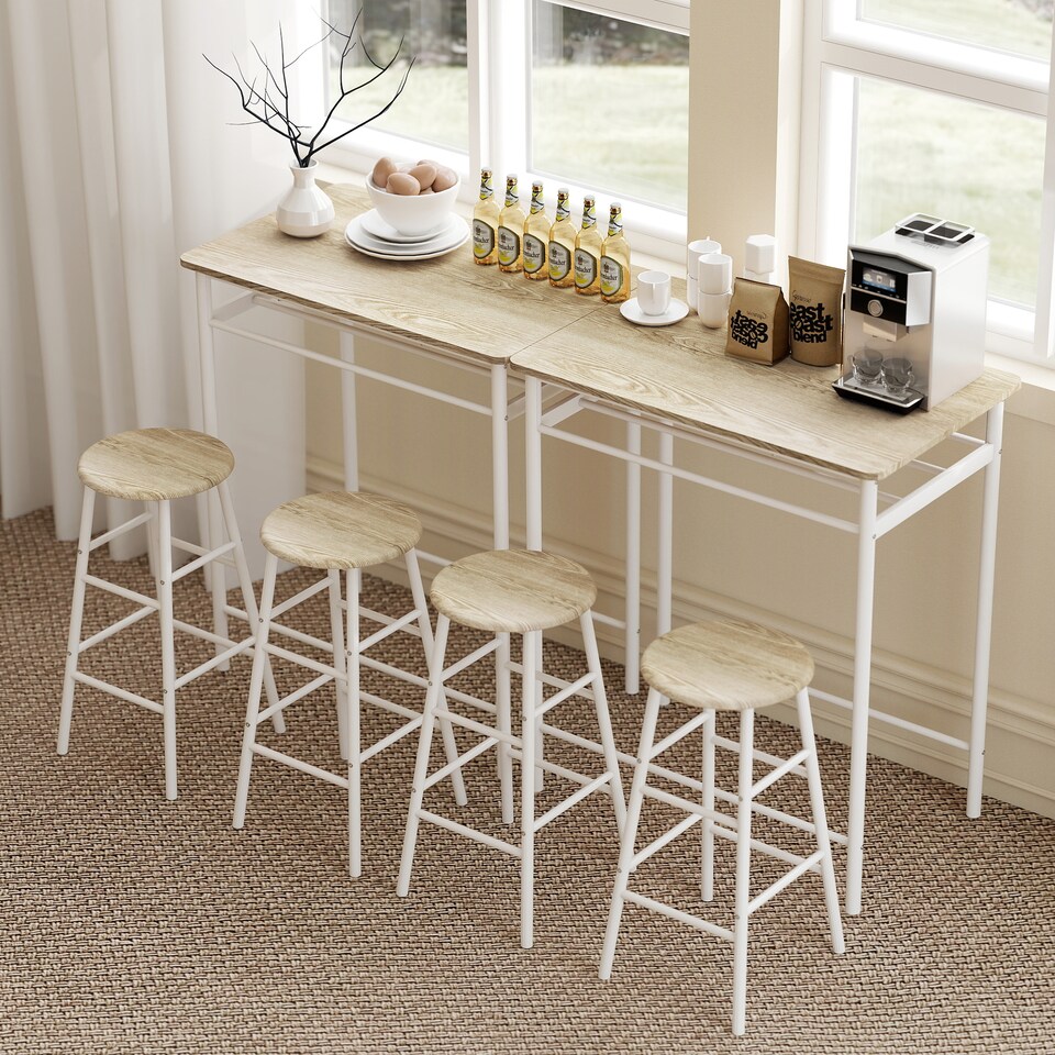 image 1 of HOMCOM Bar Table Set, Bar Table and Stools Set, Footrest and Storage Shelf, for Kitchen, Dining Room, Pub, Cafe, White and Oak