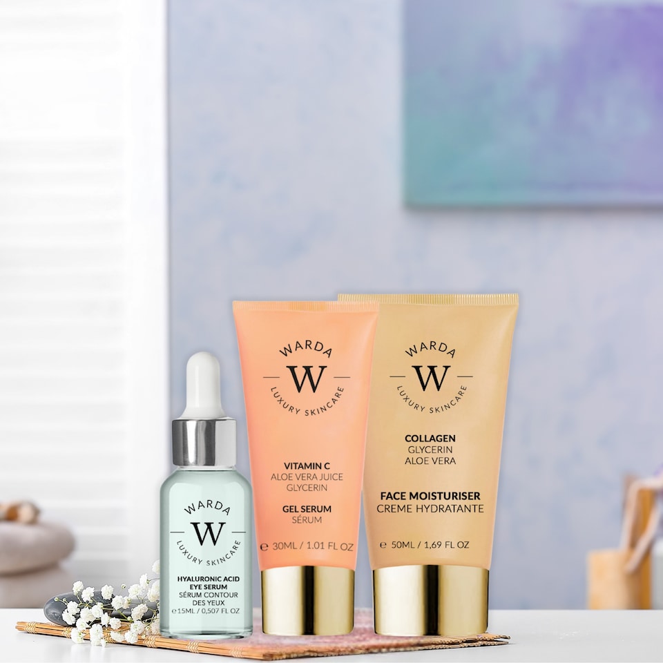image 1 of Warda Luxury Skincare Skin Glow Boost Vitamin C Gel Serum 30ml + Skin Hydration Boost Hyaluronic Acid Eye Serum 15ml + Skin Lifter Boost Collagen Moisturiser 50ml
