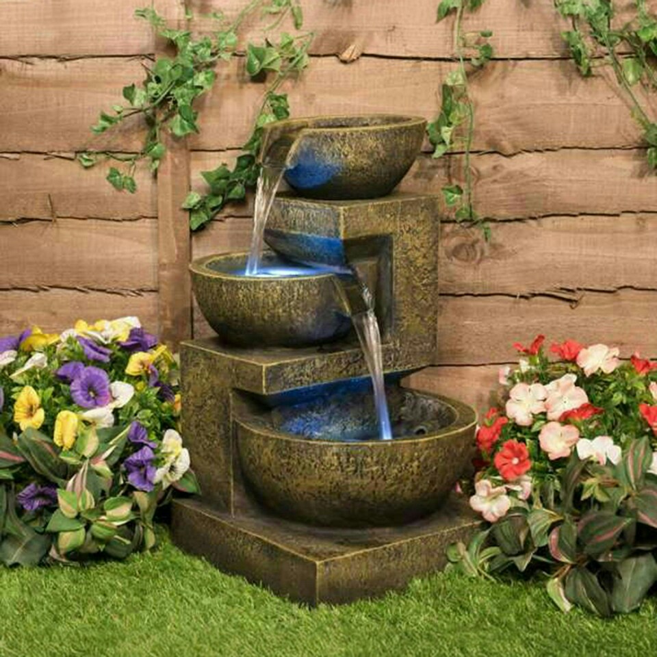 image 1 of Primrose Kendall Stone Effect 3-Tier Cascade Garden Water Feature with LEDs 48cm