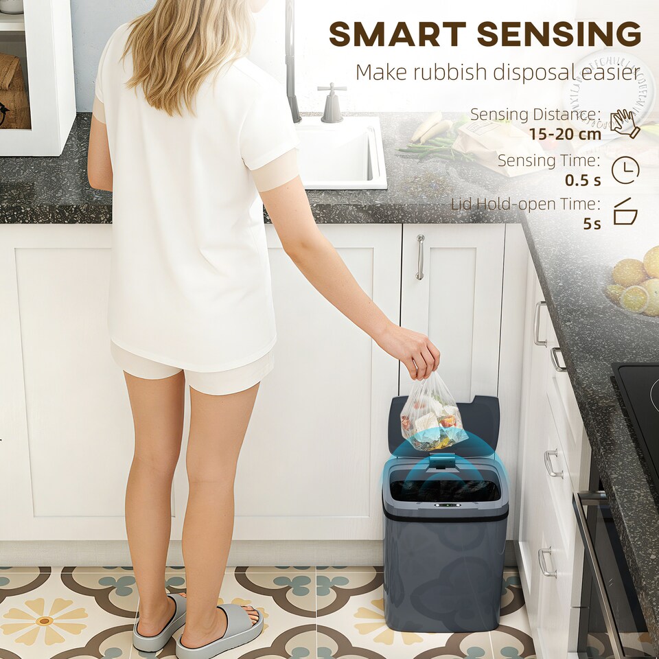 image 1 of HOMCOM 15L Sensor Bin, Automatic Touchless Kitchen Bin with Dual-Mode Opening, Easy Clean, Battery Operated for Home Office, Bedroom, Bathroom, Grey | Grey | Grey