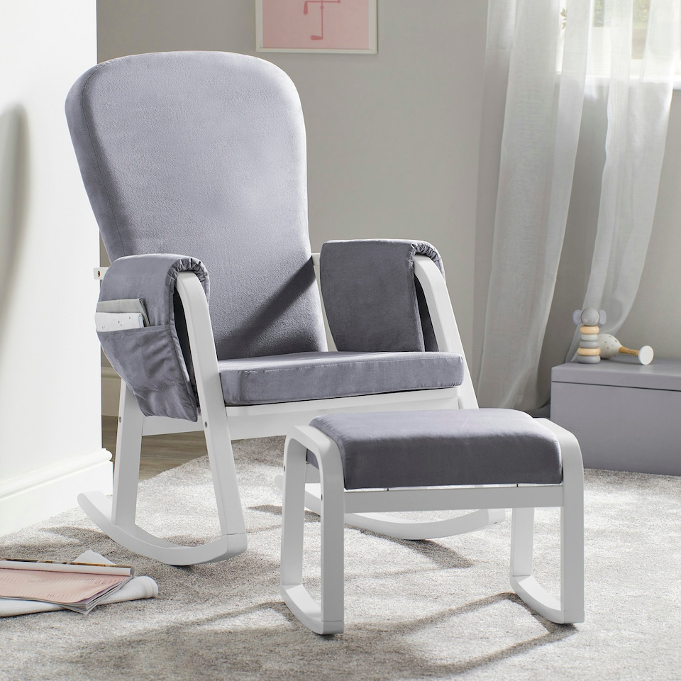 image 1 of Dursley Rocking Chair & Stool - Comfortable Rocking Chair With Padded Support, Suedette Fabric With Side Pockets & Compact Design (Pearl Grey)