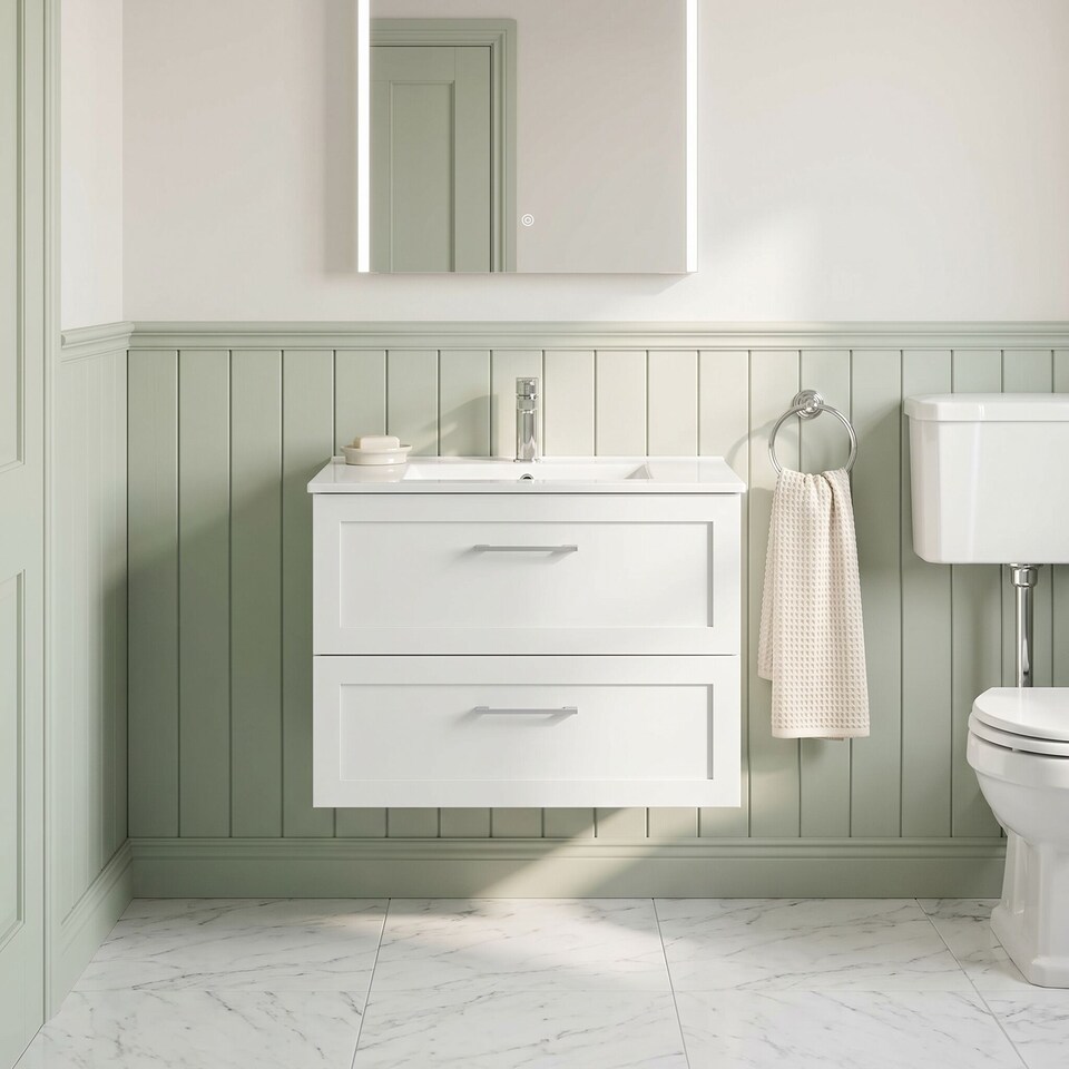 image 1 of Balterley Stonnall Traditional Wall Hung 2 Drawers Vanity Unit with Minimalist Ceramic Basin, 800mm, Matt White