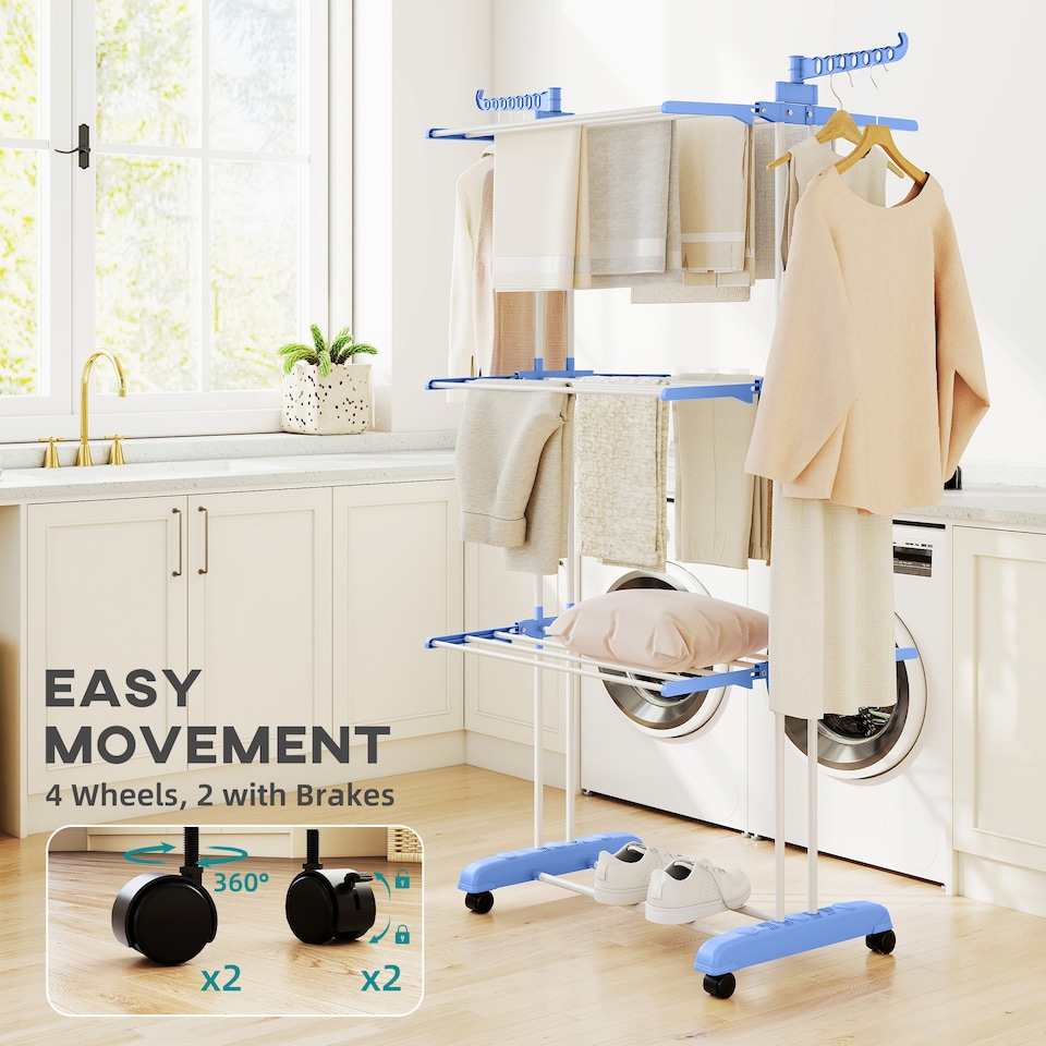 image 1 of HOMCOM Foldable Clothes Drying Rack Steel Garment Dryer with Casters Blue