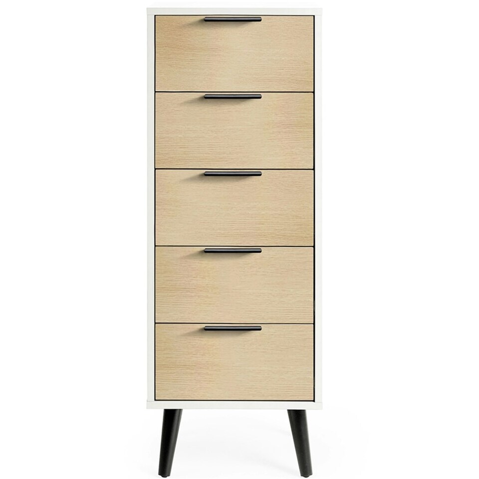 image 1 of Oak and Matt White Narrow Chest of Drawers (5 Drawers)