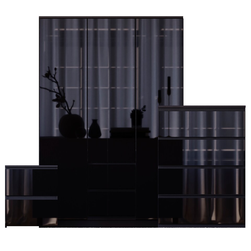 image 1 of Vida Designs Glinton 3 Piece FSC Certified Bedroom Set (2 Drawer Bedside Chest, 4 Drawer Chest, 3 Door 2 Drawer Wardrobe), Black | Black | Black | L | 3