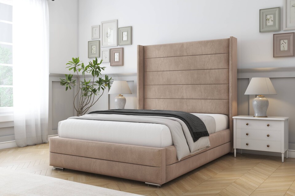 image 1 of Sloomy Sterling Mink Naples Bed Frame With 50" Upholstered Wingback Headboard 2'6 Small Single