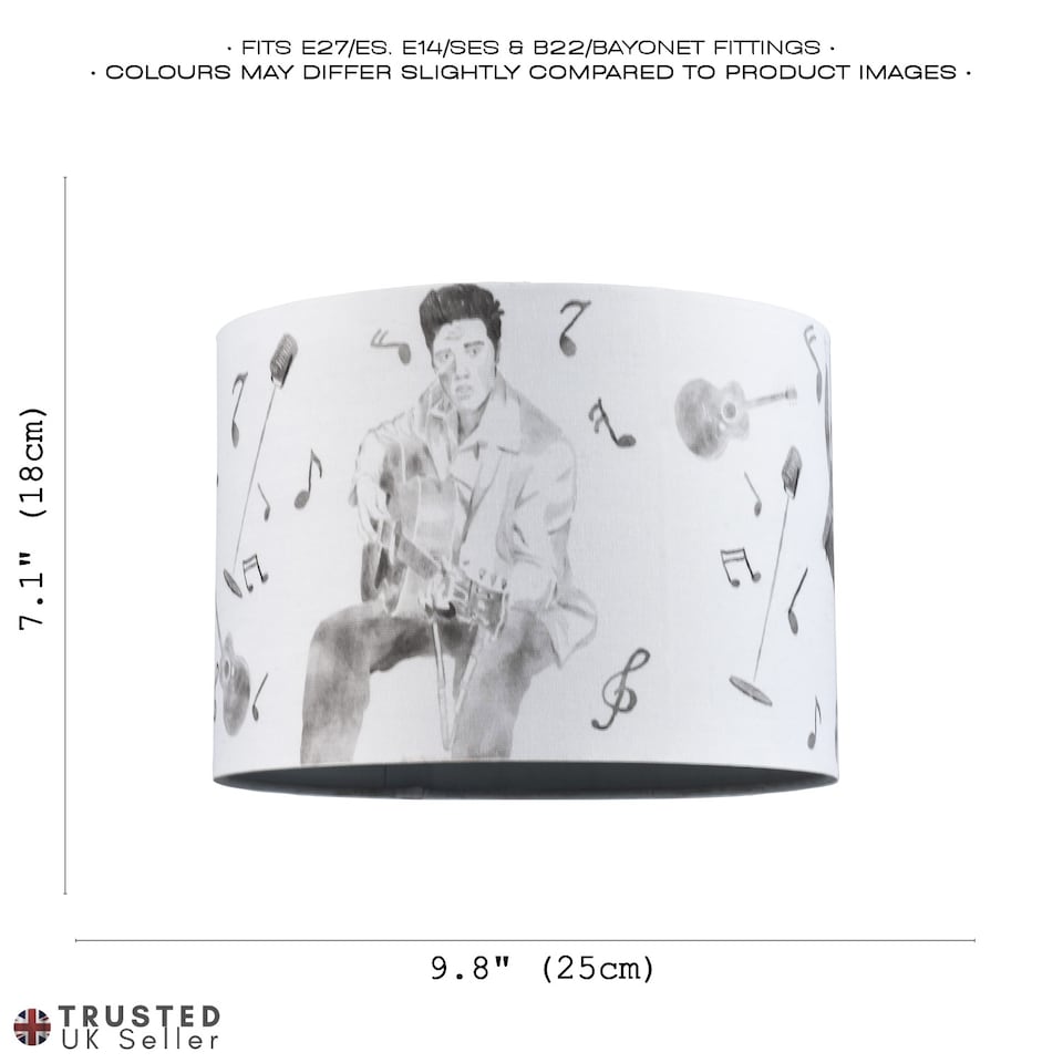 image 1 of Elvis Presley Themed Linen Lampshade with Famous Poses and Guitars Musical Notes | Grey