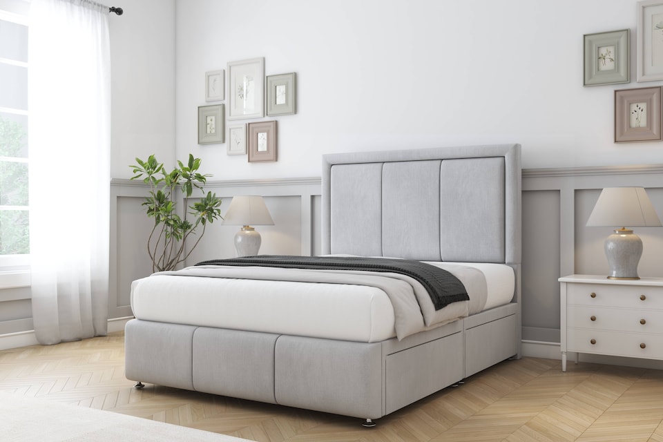 image 1 of Sloomy Lancaster Silver Naples Divan Bed Base 2 Drawers Foot-End With 54 Inch Floor Standing Headboard & 12 Inch Matching Footboard | Silver | Silver | Small Double | 1