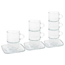 LAV Cozy Stacking Glass Coffee Cups & Saucers 12pc Set - 350ml Clear