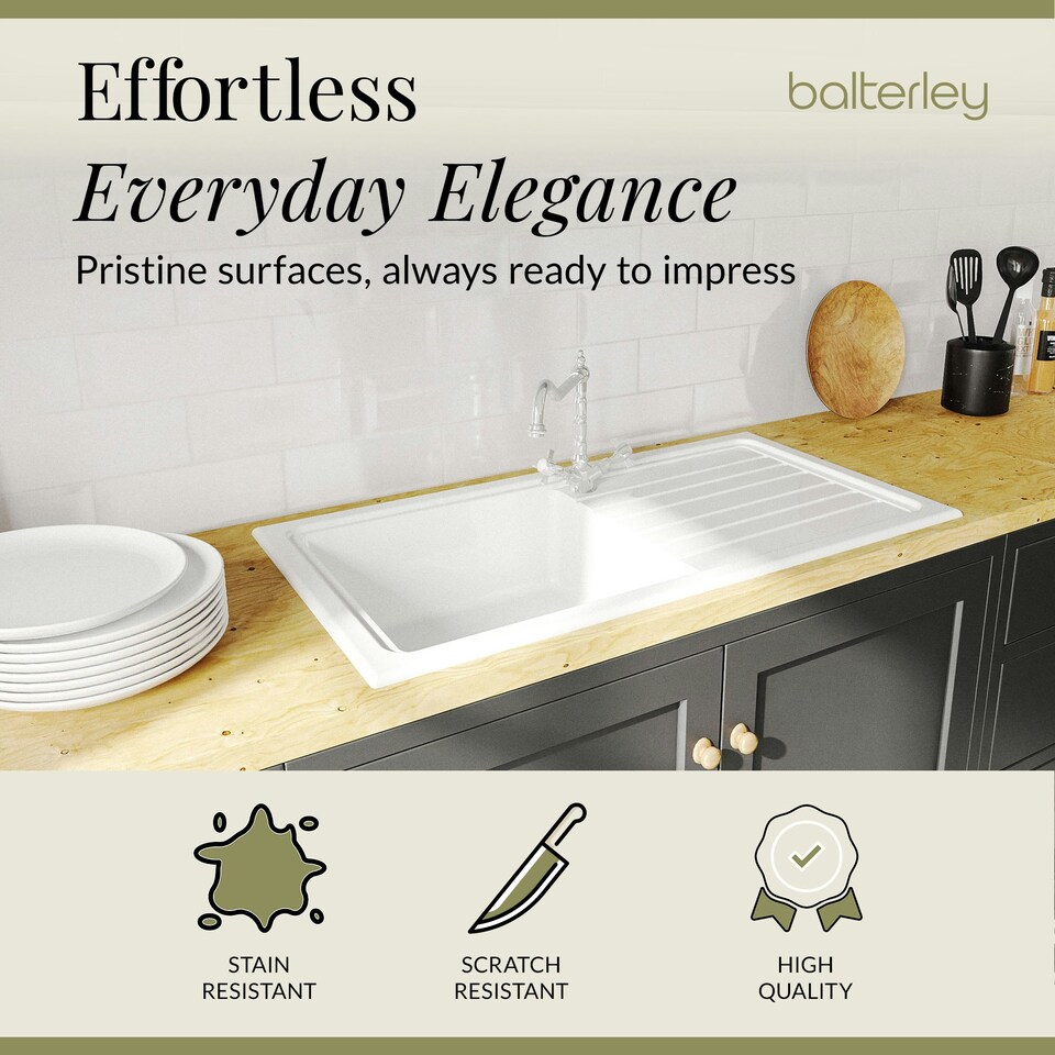 image 1 of Single Bowl Fireclay Inset Kitchen Sink & Drainer, Classic Tap & Wastes, 1010mm