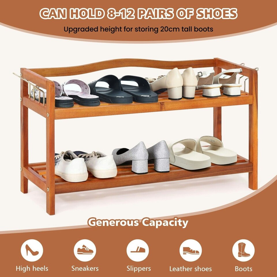 image 1 of COSTWAY 2-Tier Wood Shoe Rack Solid Shoe Storage Shelf Brown