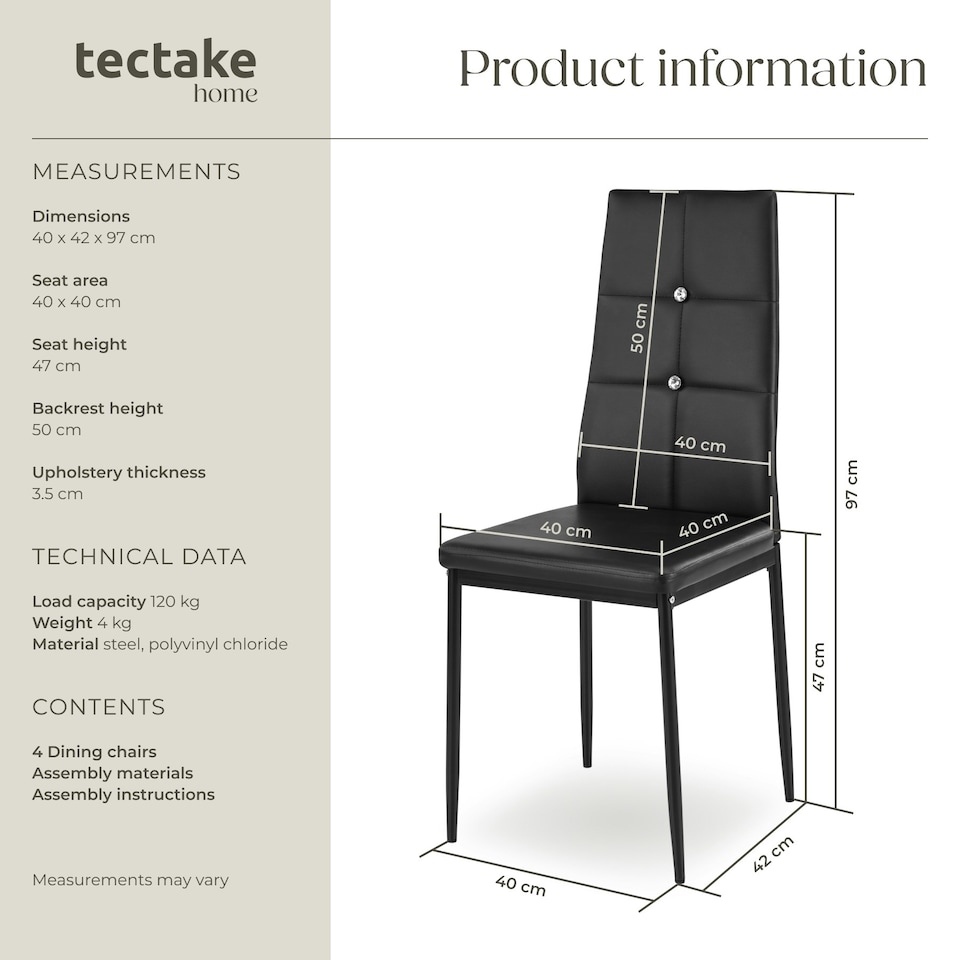 image 1 of Dining Chair Set - high backrest, slim steel legs & rhinestone highlights - Set of 4 Black