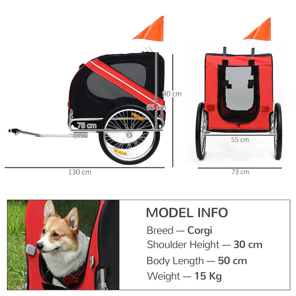 image 1 of PawHut Pet Bicycle Trailer Dog Cat Bike Carrier Water Resistant Red Outdoor