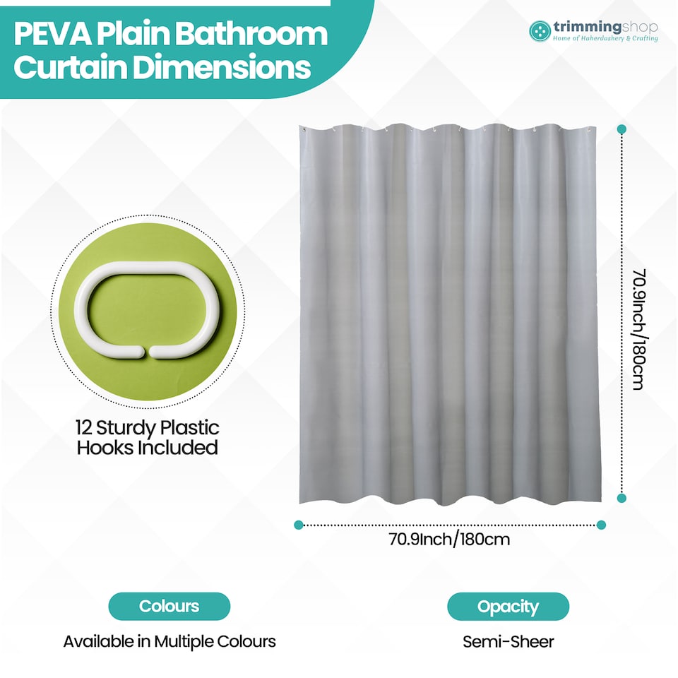 image 1 of PEVA Plain Mould & Mildew Resistant Shower Curtain with 12 Hooks - 180x180cm