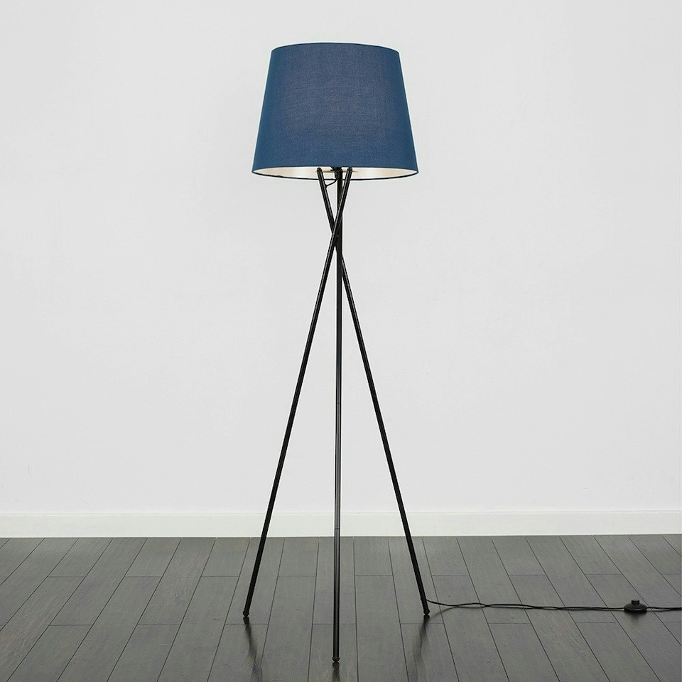 image 1 of ValueLights Camden Black Tripod Floor Lamp Navy Blue Taper Shade & Bulb Blue