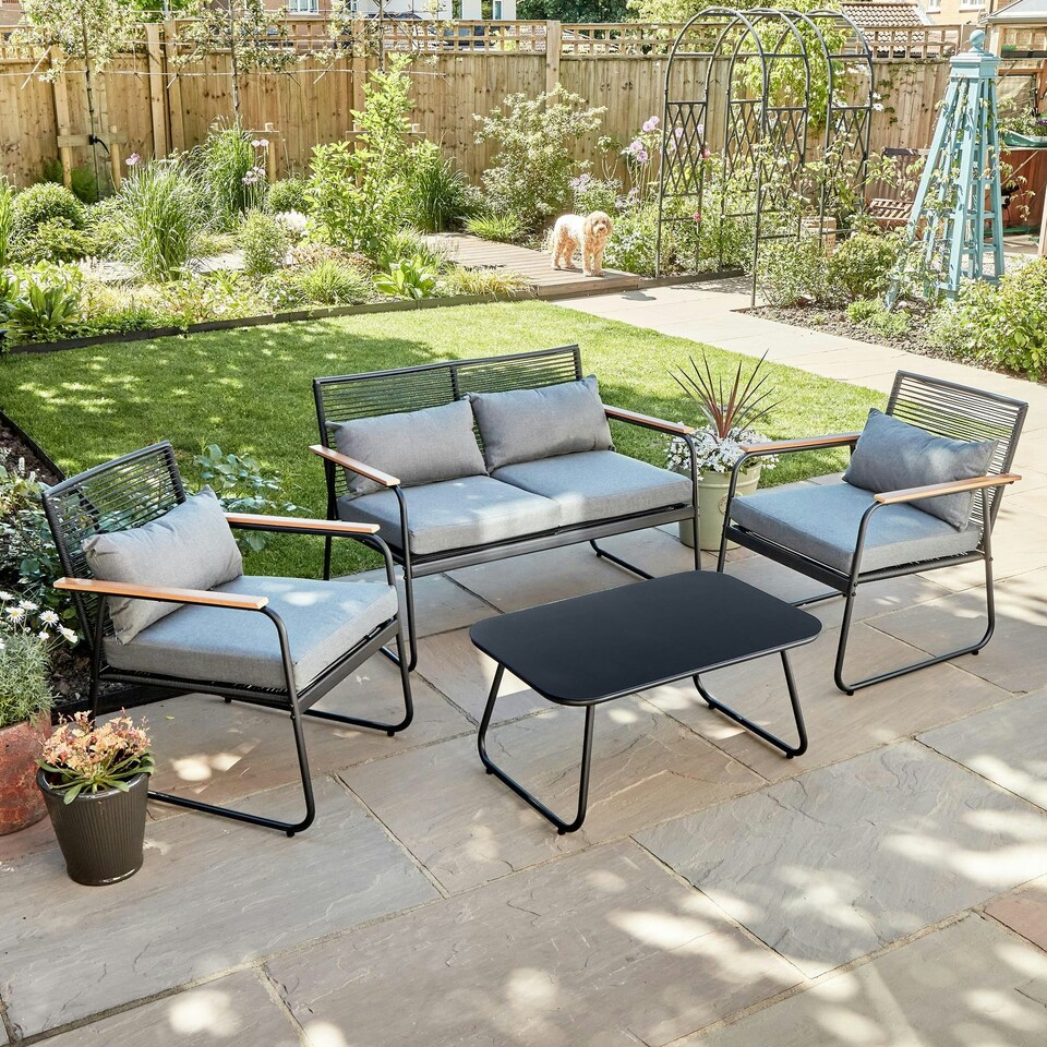 image 1 of Black Metal 4 Piece Garden Set Padded Cushion Glass Tabletop Outdoor Furniture