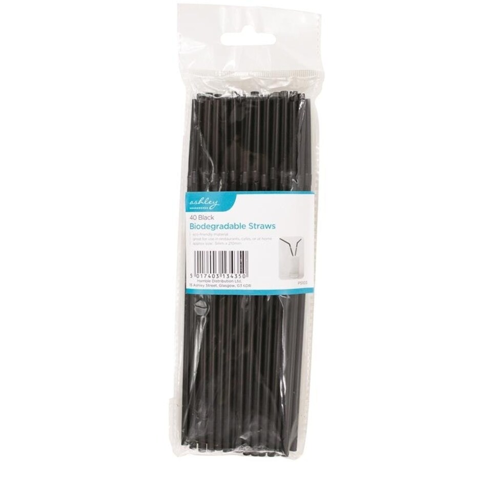 Ashley Biodegradable Straws - 21cm - Black - Pack of 40