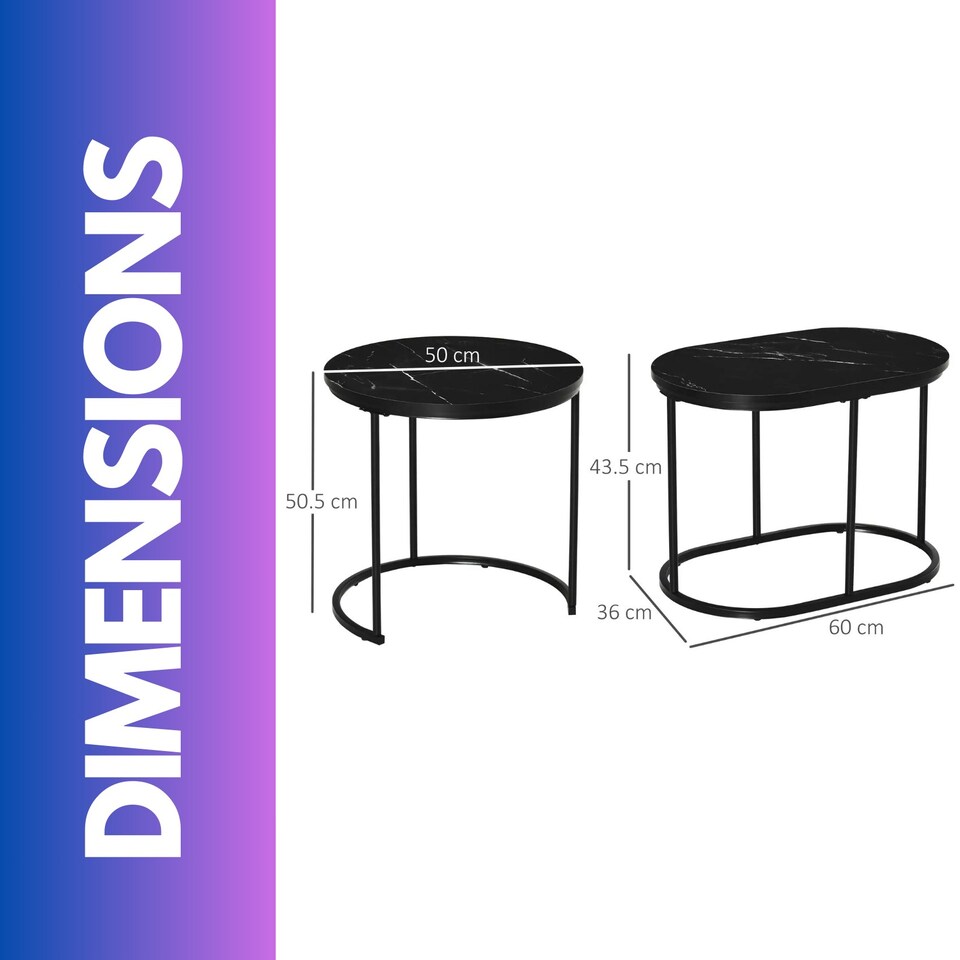 image 1 of 2PC Nesting Tables With Faux Marble Tabletop Black Black