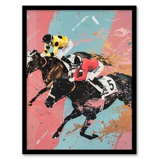 Horse Race Jockeys Racing Bold Dynamic Living Room Black Framed Wall Art Print A4