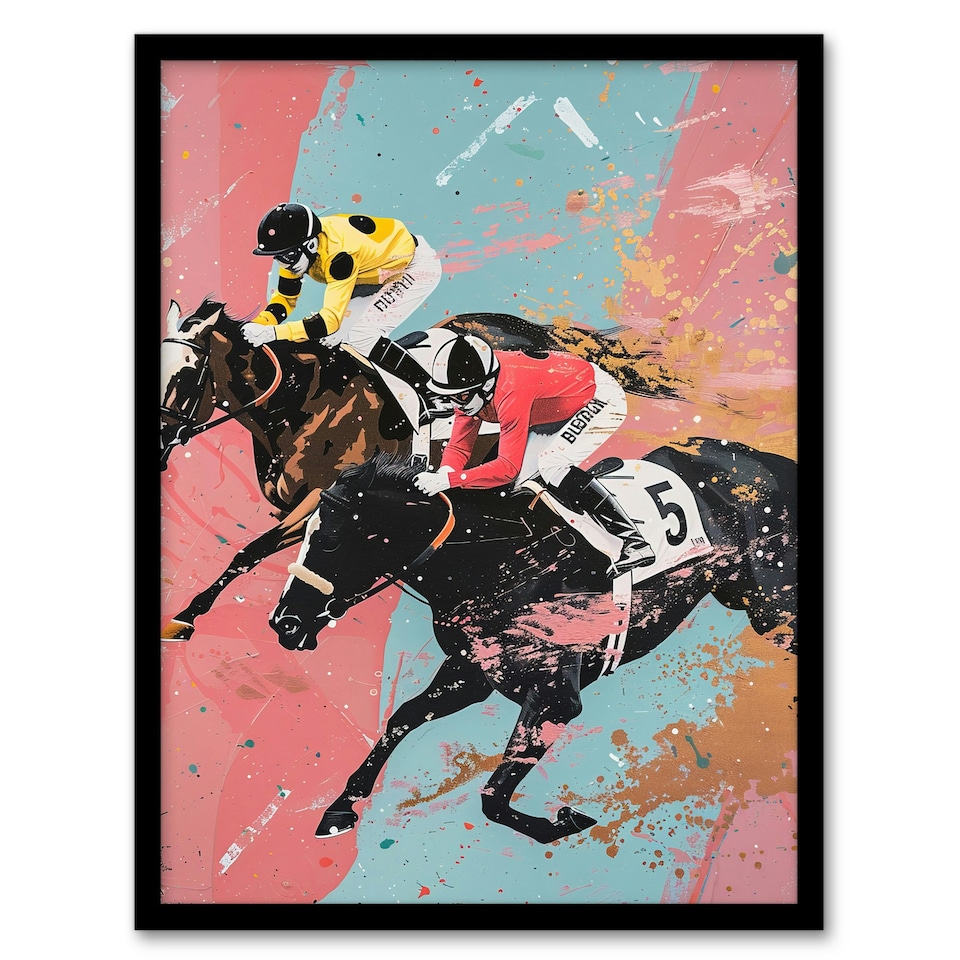 image 1 of Horse Race Jockeys Racing Bold Dynamic Living Room Black Framed Wall Art Print A4