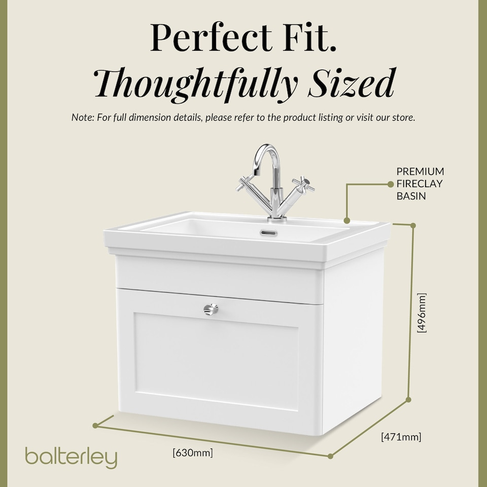 image 1 of Bathroom Wall Hung 1-Drawer Vanity Unit & Fireclay Basin, White, 600mm | White | Satin White | 471 x 631 x 496mm