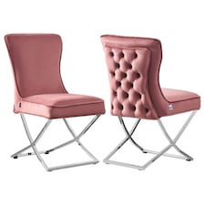 Set of 2 Trafalgar Velvet Dining Chairs with Gold Crossed Legs - Modern Upholstered Accent Chair | Pink
