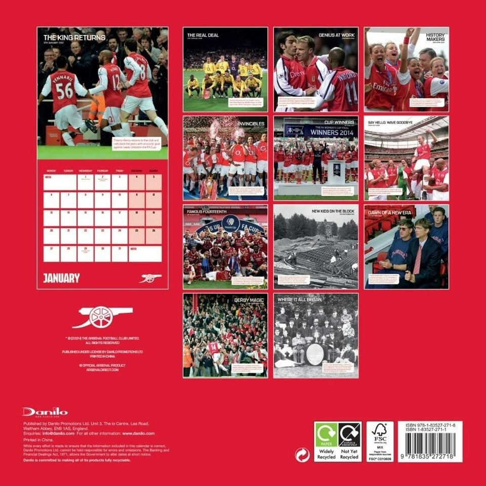image 1 of Arsenal FC Legends 2025 Square Wall Calendar - Red/Blue/Gold - 30cm x 30cm