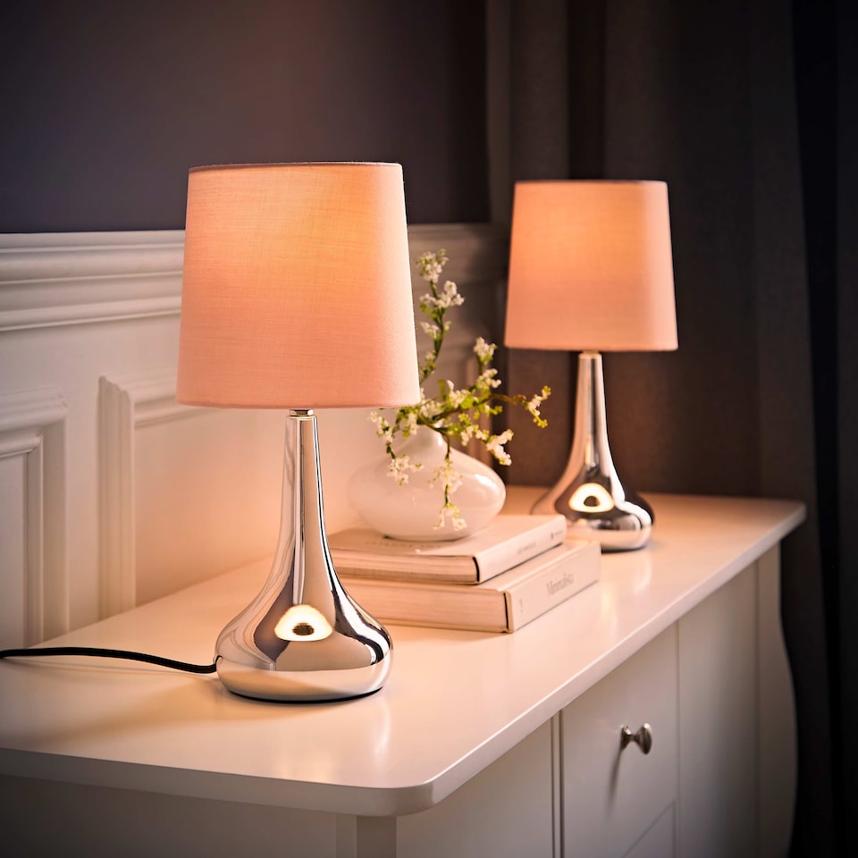 image 1 of ValueLights Teardrop Pair Chrome Touch Table Lamp Pink Shade & Bulb | Pink