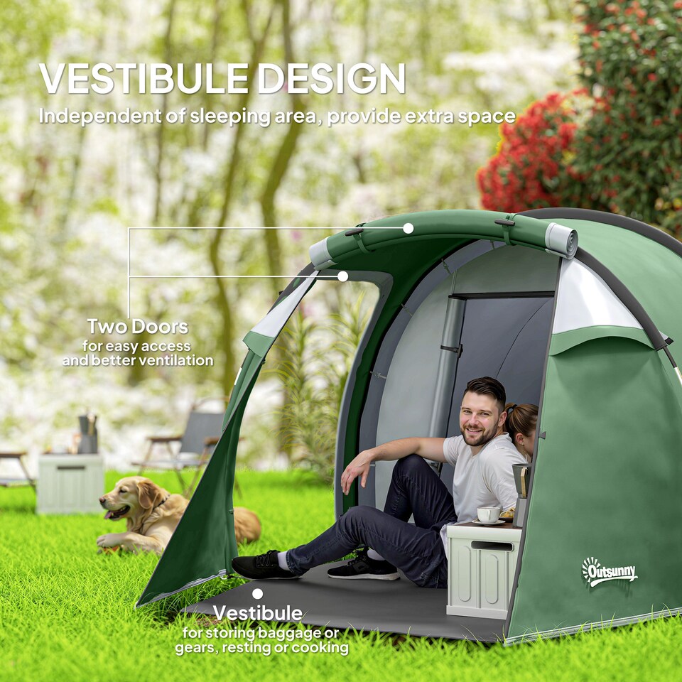 image 1 of Outsunny 3 Man Camping Tent with Porch and Weather-Resistant Rainfly, Green