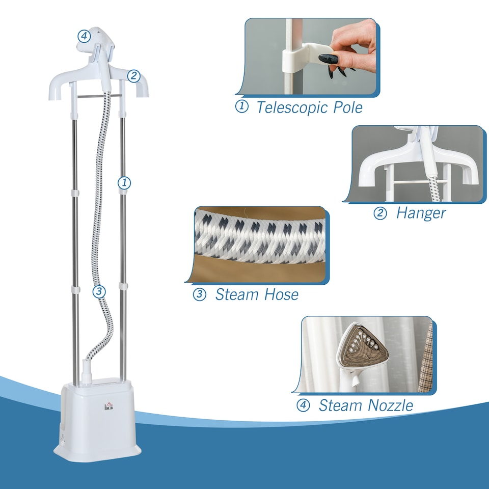 image 1 of HOMCOM Upright Garment Clothes Steamer with 6 Steam Setting, 45s Fast Heat-up, 1.7L Water Tank and 35gmin steam flow, Wrinkle and Odour Remover Suitable for all Fabrics, 1960W, White