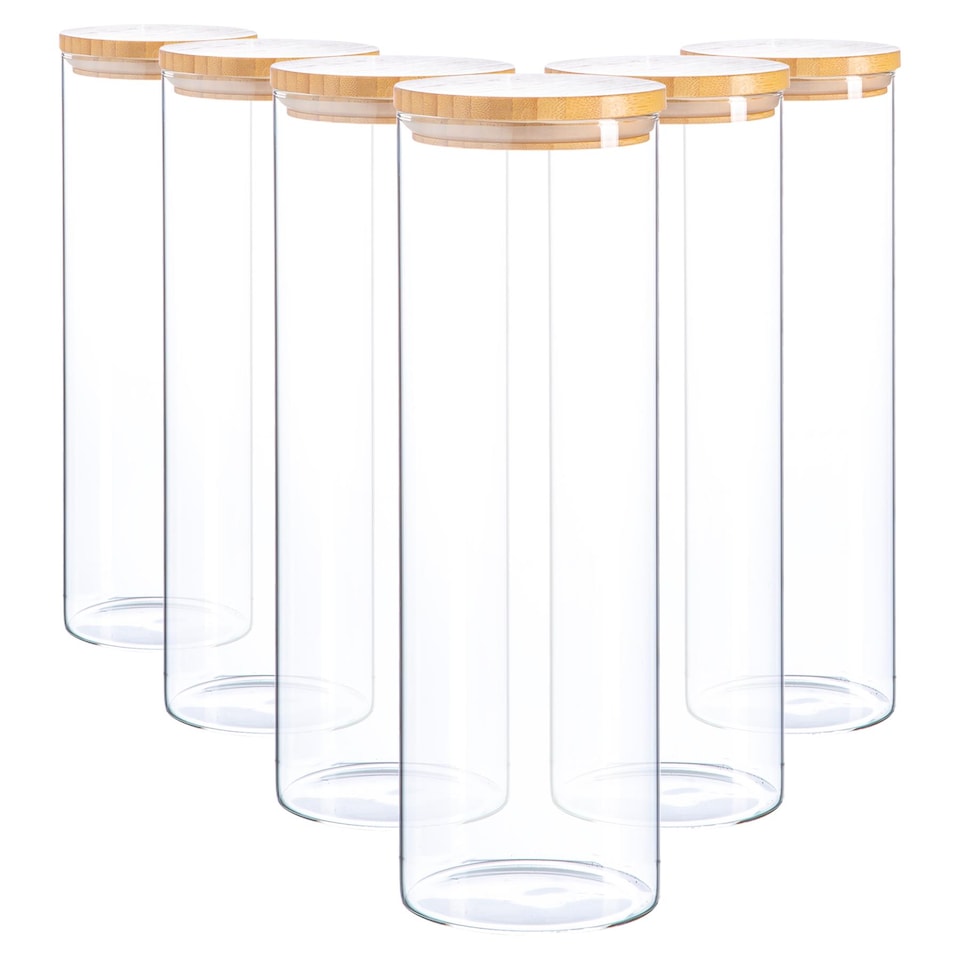 image 1 of Argon Tableware Glass Storage Jars - Wooden Lid - 2 Litre - Modern Round Scandi Organisation Container Glass Jar - Set of 6