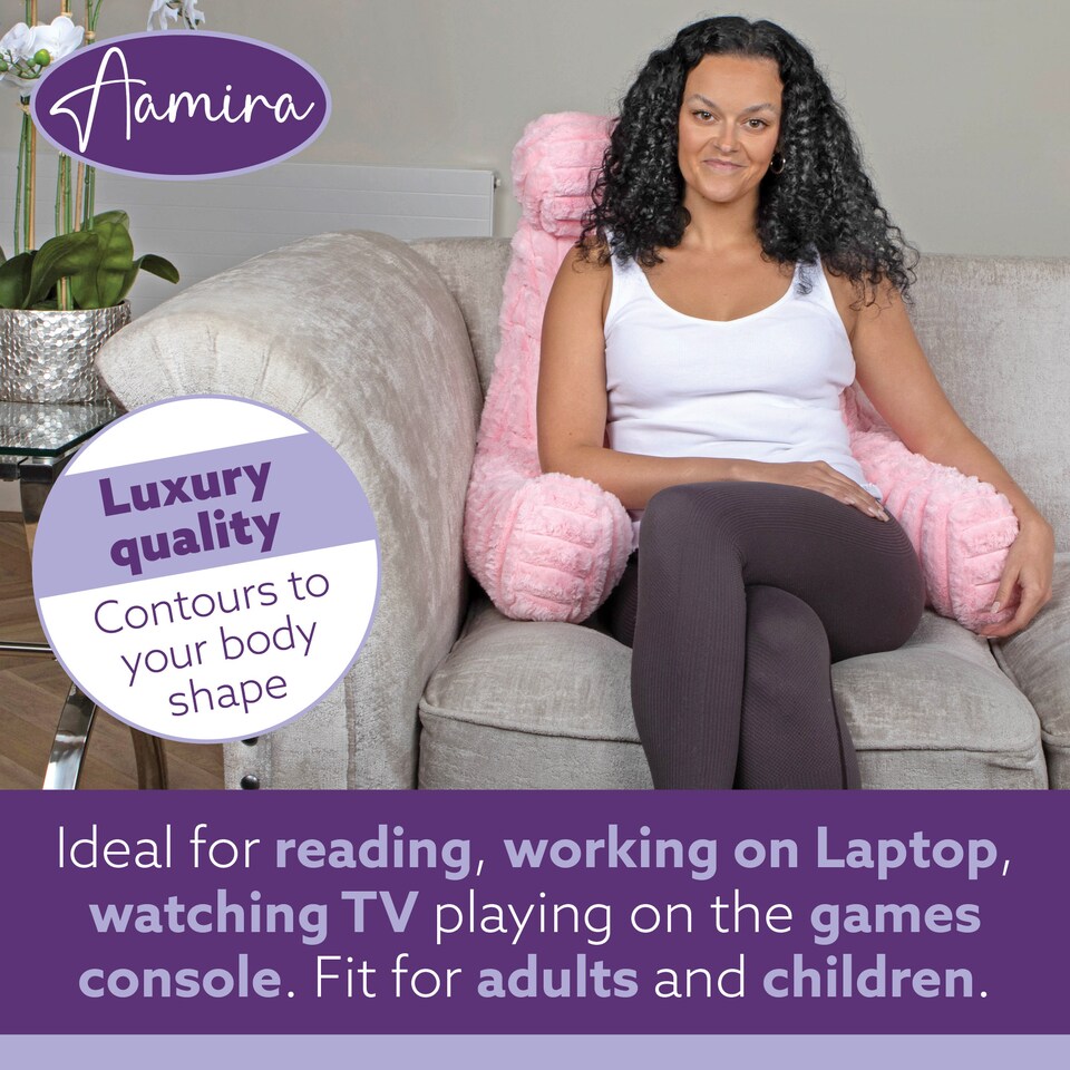 image 1 of Aamira Reading Pillow Pink Faux Fur Ribbed Memory Foam Support Cushion | Pink | Pink | Standard | 1