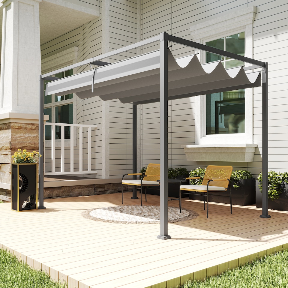 image 1 of Outsunny 3 x 2m Metal Outdoor Pergola with Retractable Roof, Outdoor Gazebo Canopy Shelter with Drainage Holes for Garden, Patio, Lawn, Grey