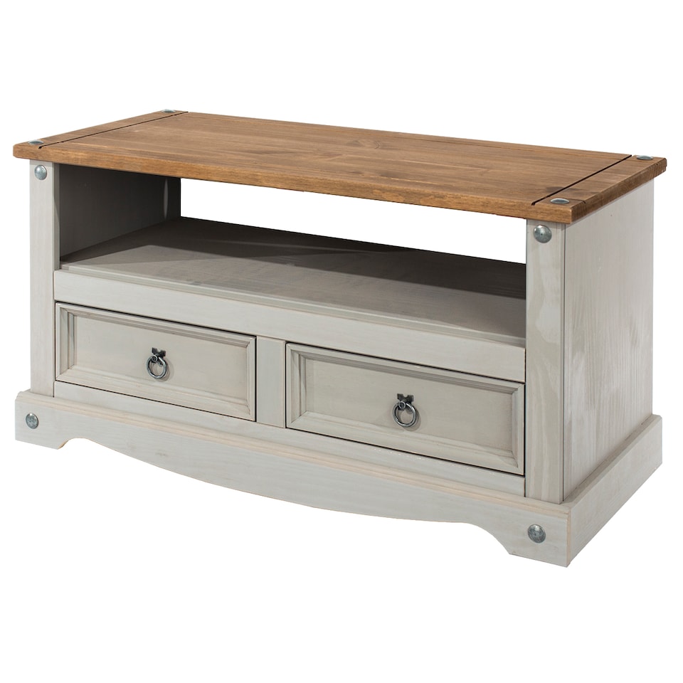 image 1 of Corona Flat Screen TV Unit - Antique Waxed Pine Media Cabinet with Drawers, Shelf, and Traditional Mexican Design | Grey | Grey | 1