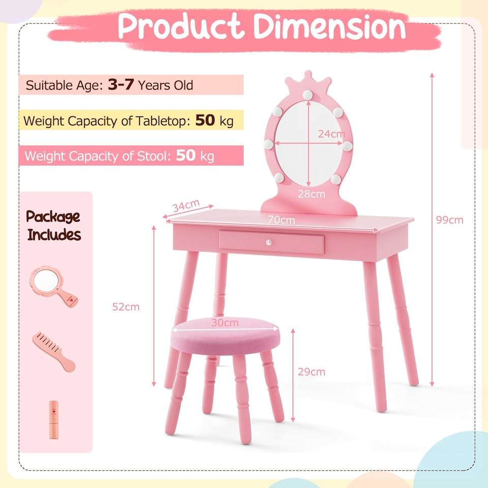 image 1 of COSTWAY Princess Vanity Table & Chair Set Kids Set Pink
