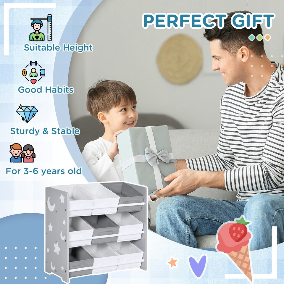 image 1 of ZONEKIZ Storage Unit w/ 9 Removable Storage Baskets for Nursery Playroom - Grey Grey