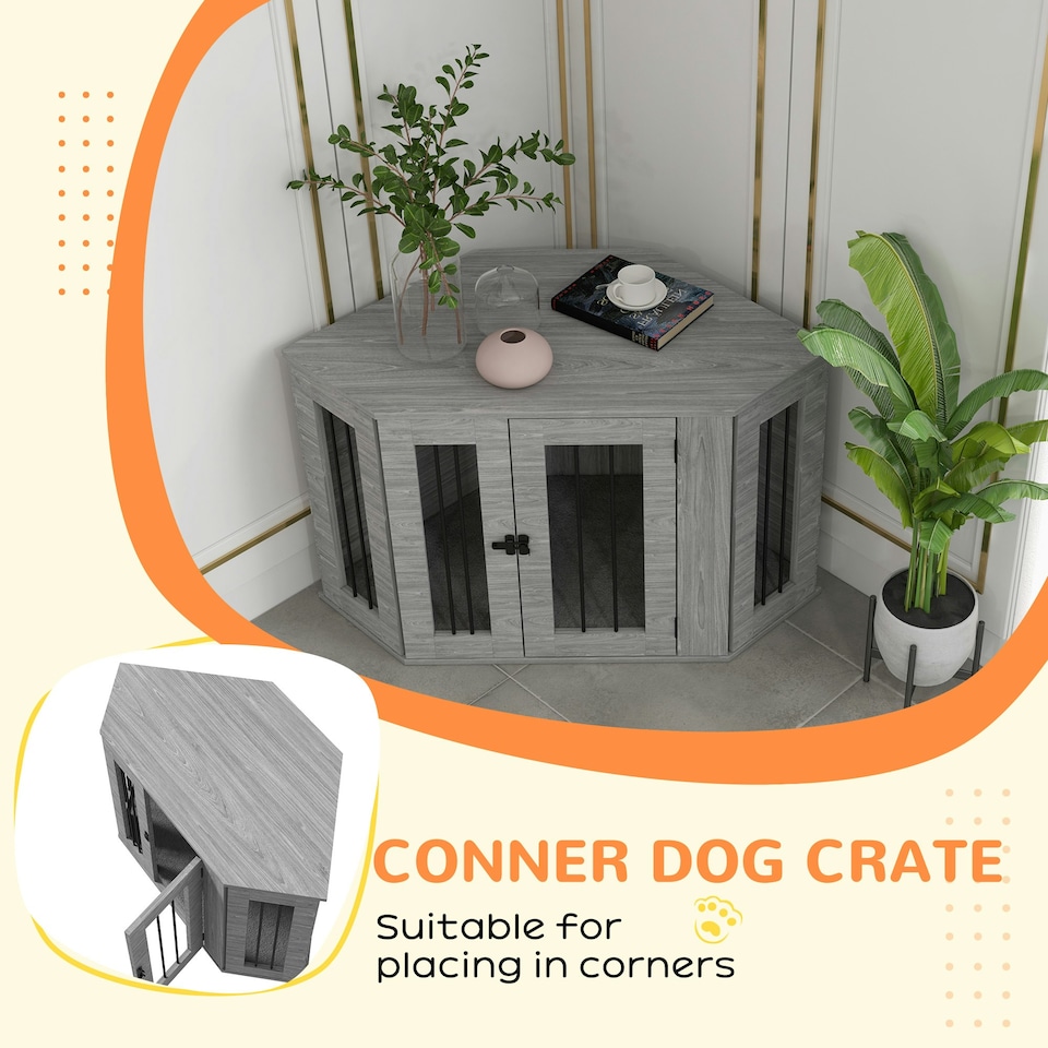 image 1 of PawHut Dog Crate Furniture for Medium Dogs w/ Cushion, Large Door - Grey