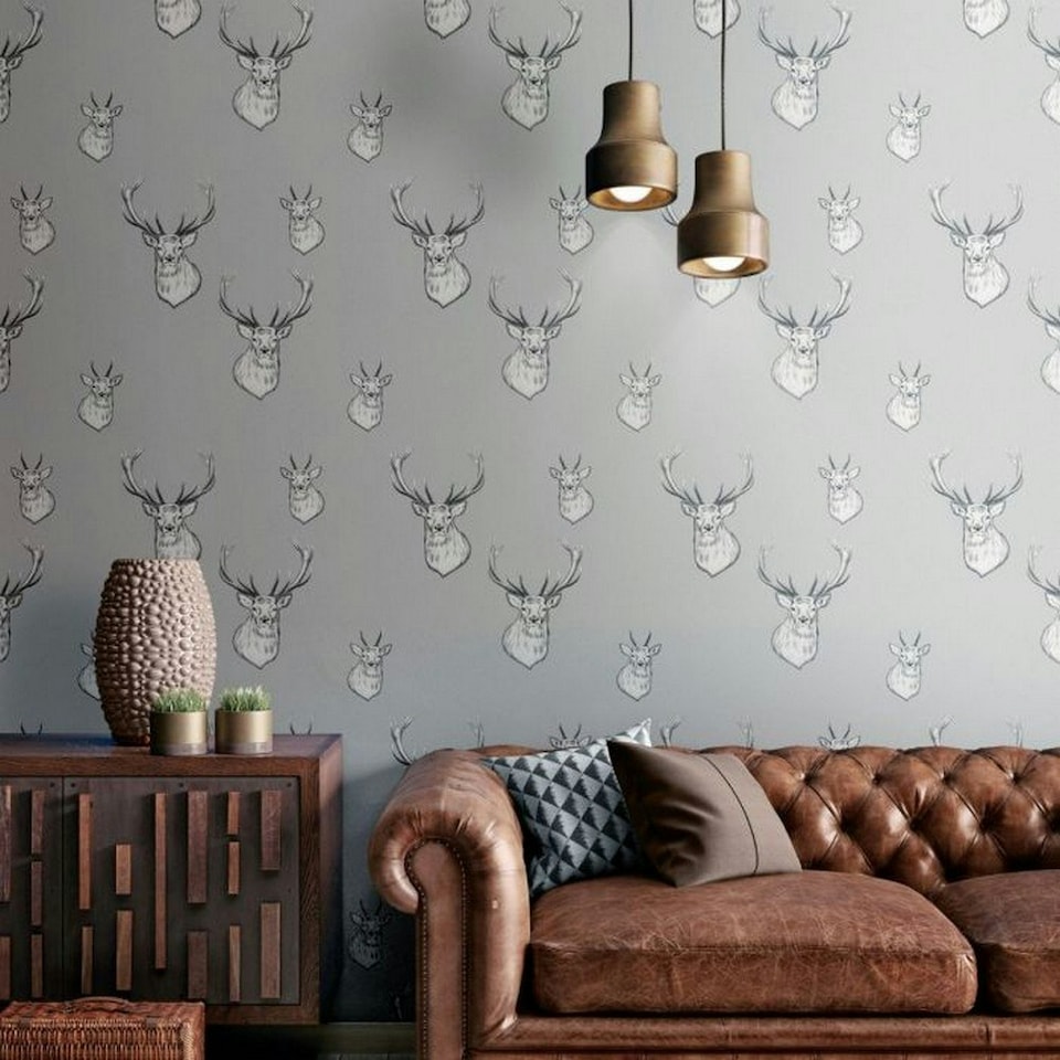 image 1 of Muriva Catherine Lansfield Stag Head Wallpaper - Light Grey - 32.1ft x 21in Grey