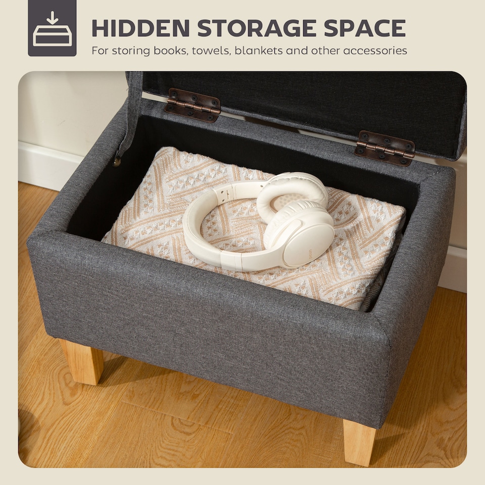 image 1 of HOMCOM Linen Storage Ottoman Storage Box with Rubberwood Legs, Charcoal Grey | Grey