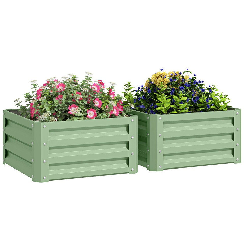 image 1 of Outsunny Set of 2 Raised Garden Bed Galvanised Planter Box, Light Green | Green